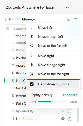 List hidden columns in their original positions in the Columns pane