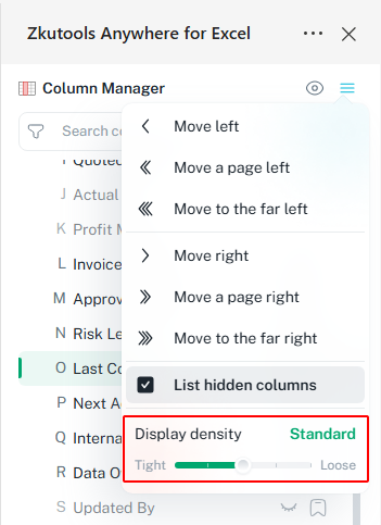 Change display density in the Columns pane