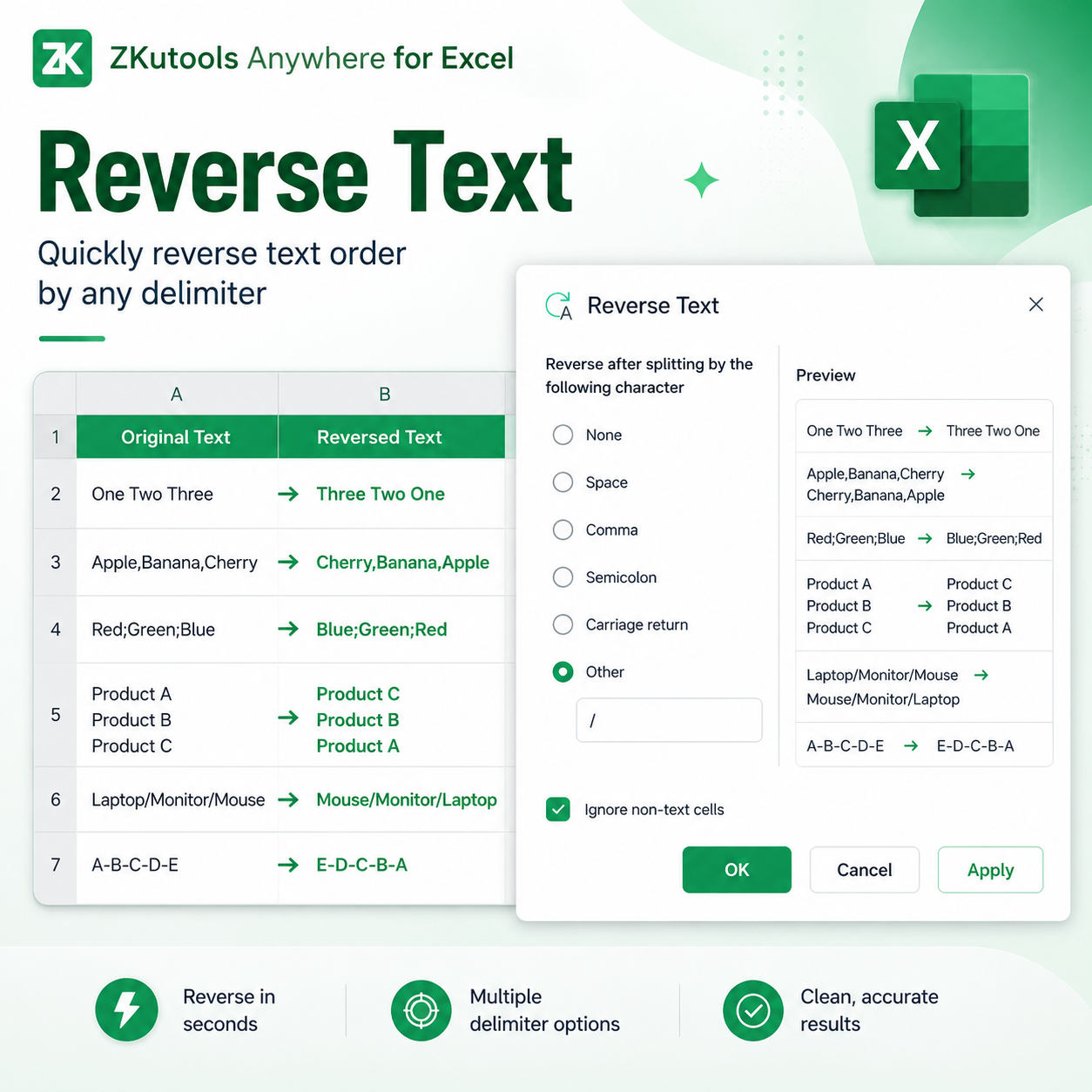 Reverse Text in Excel by Character, Space, Comma, Semicolon, or Line Break