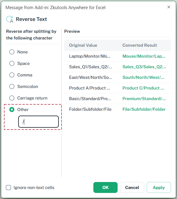 Choose how to split the text before reversing