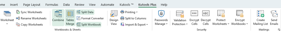 Kutools Plus ribbon showing workbook and worksheet tools