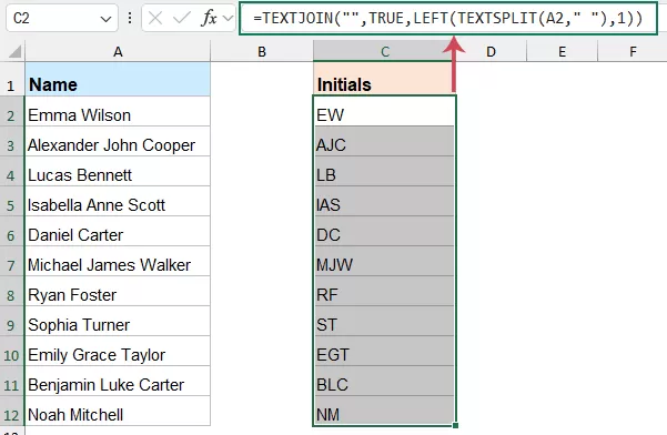 Extract Initials from Full Names in Excel365