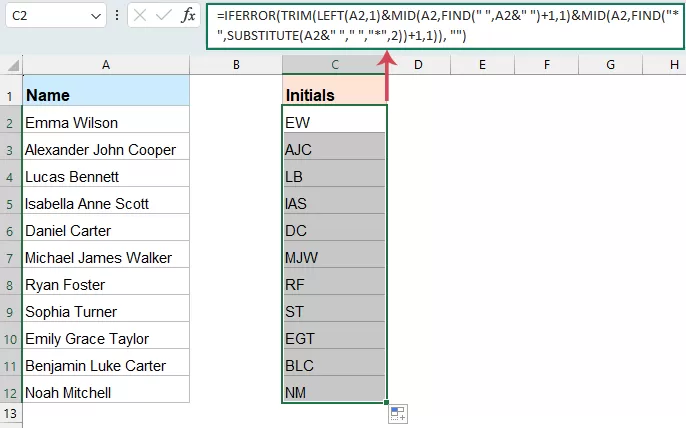 Extract Initials from Full Names in all Excel versions