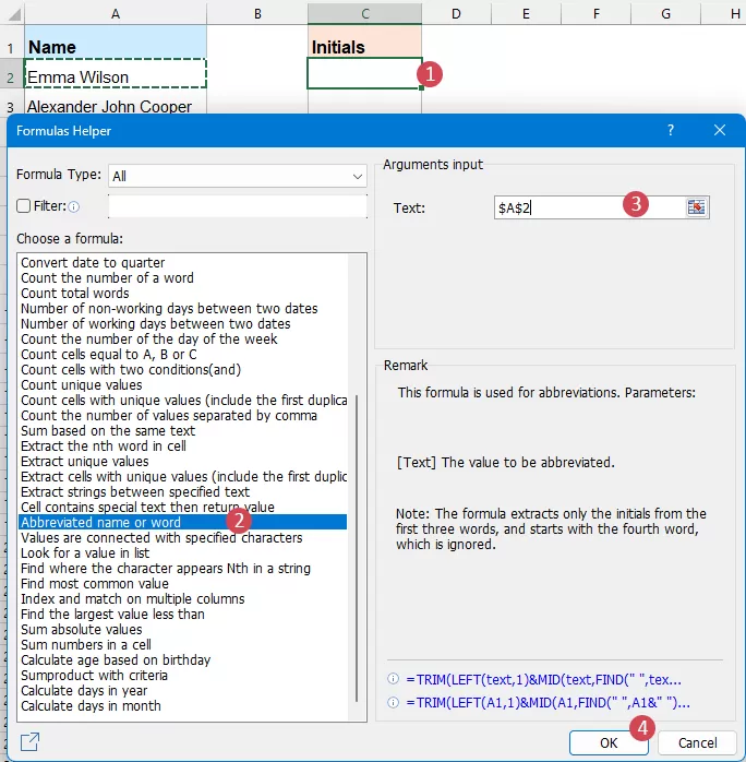 Extract initials using Kutools Formula Helper