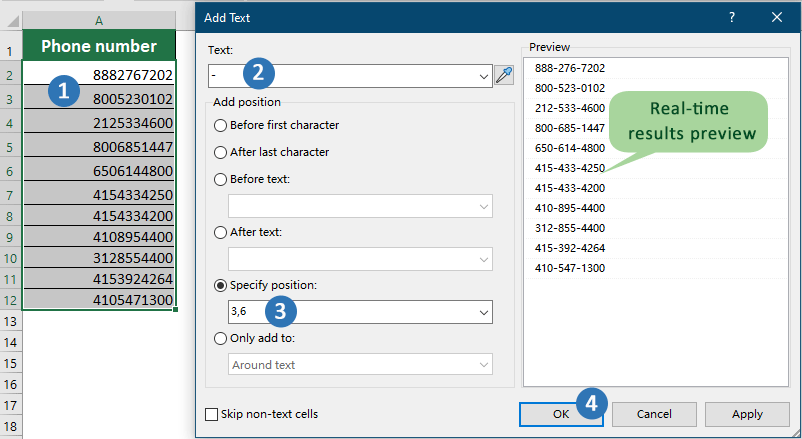 screenshot of adding dashes to a range of phone numbers using Kutools for Excel