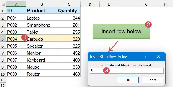 Click the row number where you want to insert a blank row below