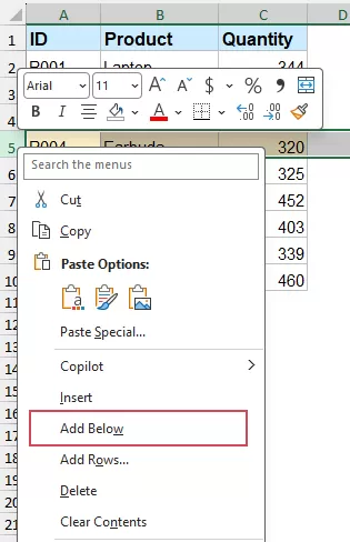 Choose Add Below from the context menu