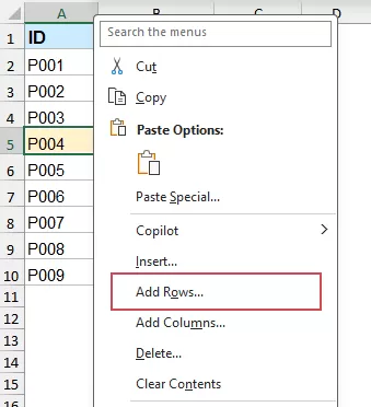 Choose Add Rows from the context menu