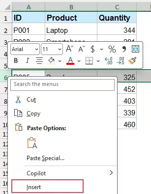 Choose Insert from the context menu