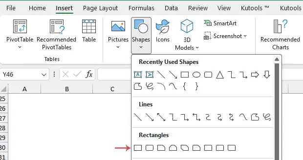 Click Insert Shapes Rectangle