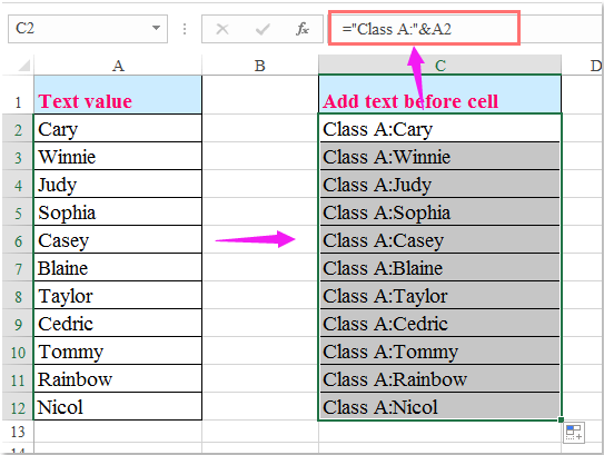 how to add text to all columns in excel