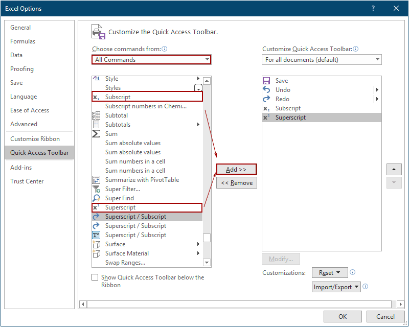 excel for mac hotkey for subscript