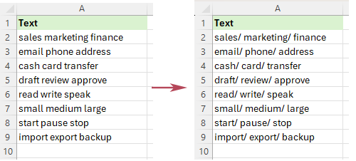 The specified text is inserted between every word in the selected cells instantly 