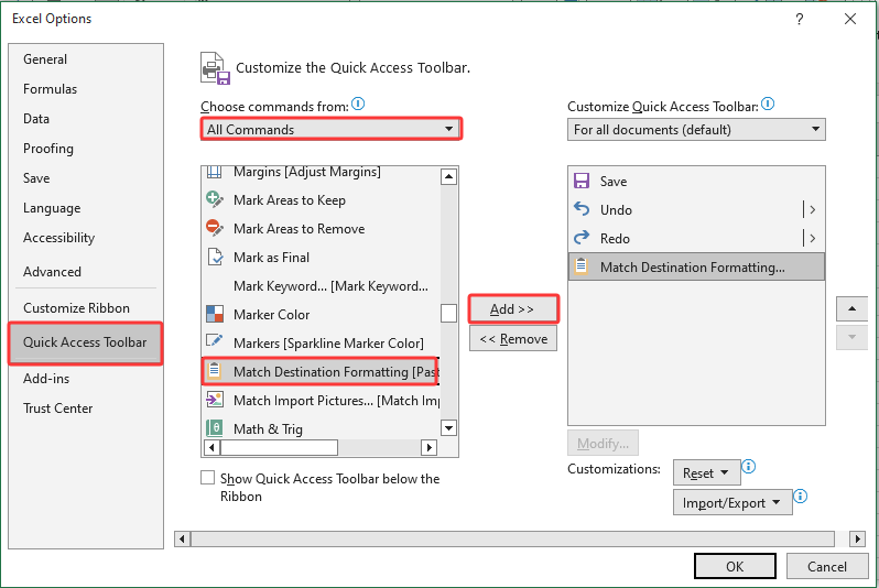 a screenshot showing how to add the Match Destination Formatting option to QAT