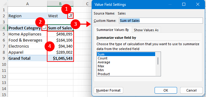 The Value Field Settings dialog
