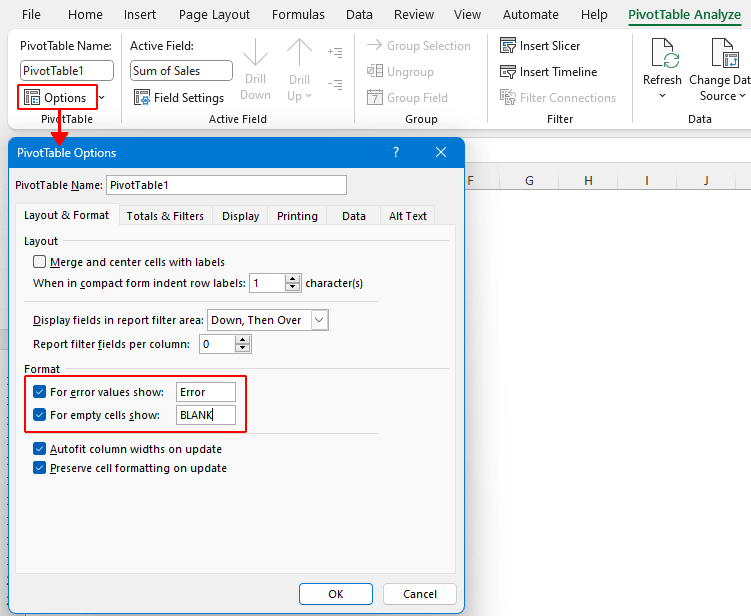 Modify how errors and empty cells are displayed