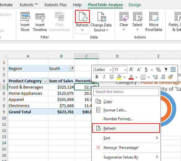 The Refresh button in the Data group under the PivotTable Analyze tab