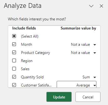 Choose fields for Excel to focus on during analysis