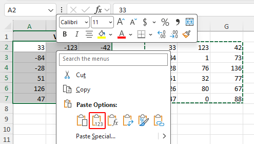 Values option under Paste Options