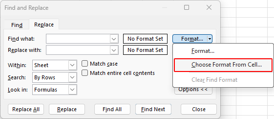 Choose Format From Cell in Excel Find and Replace dialog