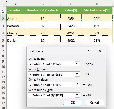 Configuring the name, X values, Y values, and bubble size for a chart series