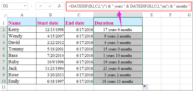 formula to calculate length of service in excel