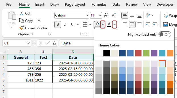 the dropdown menu of the fill/font color feature