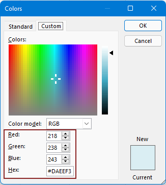 rgb and hex values in the Colors dialog box