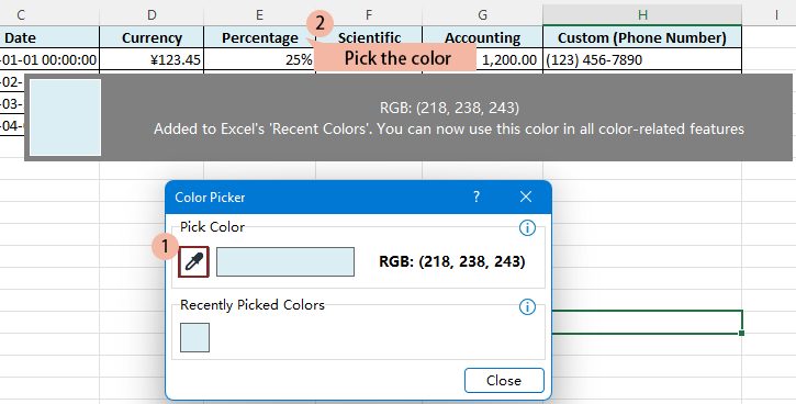 the picked color will be added to the dialog