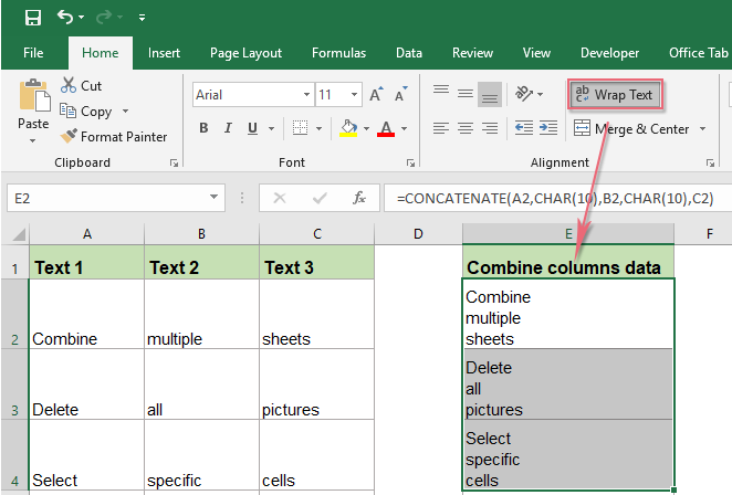 how to merge 2 cells in excel with text