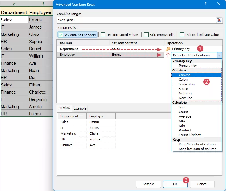 Advanced Combine Rows dialog box