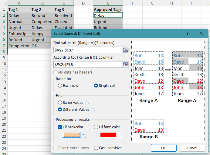 Select Same & Different Cells dialog box