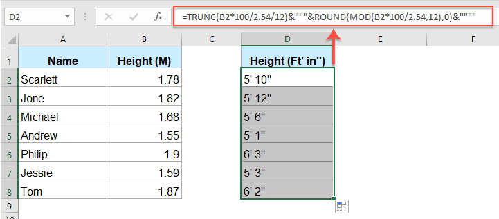 How to convert cm or m to feet and inches in Excel