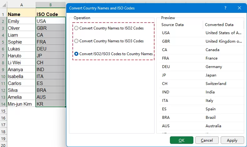 select options in the dialog box