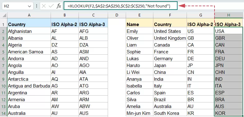 apply xlookup to Return ISO Alpha-3 Codes