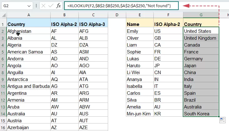apply xlookup to Convert ISO Alpha-3 Codes to Country Names