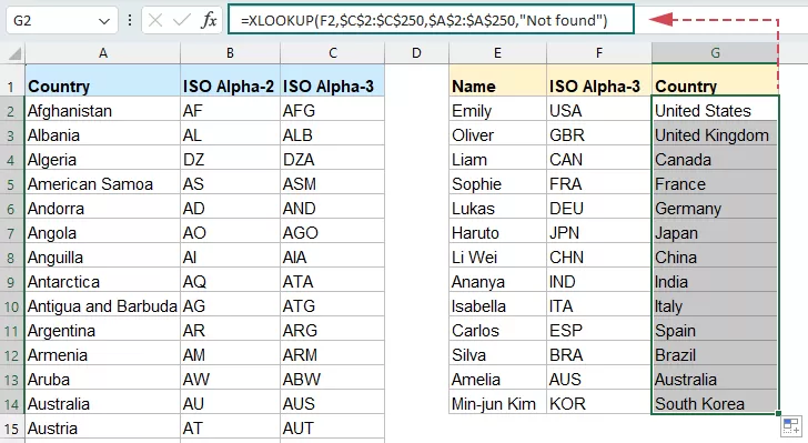 apply xlookup to Convert Either Alpha-2 or Alpha-3 Codes to Country Names
