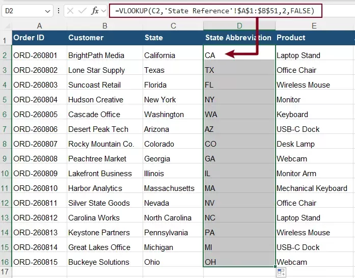 use the formula to convert full state names to abbreviations