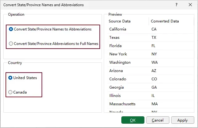 configure the convert state province names and abbreviations dialog box