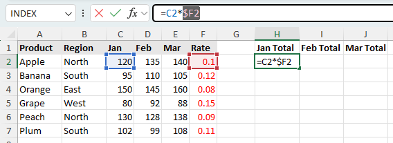 Using $F2 to lock column in Excel formula