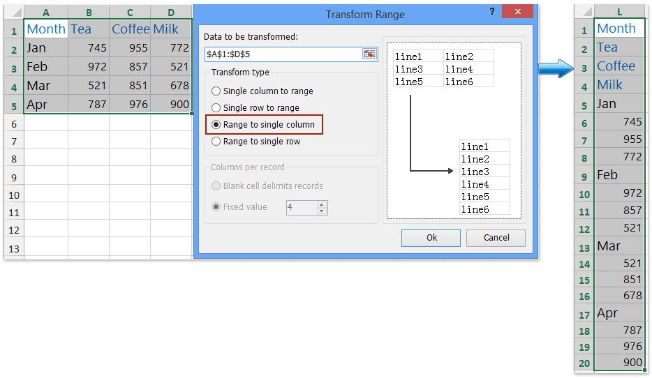 Hoe Horizontaal Kopiëren, Verticaal Plakken Of Omgekeerd Excel?