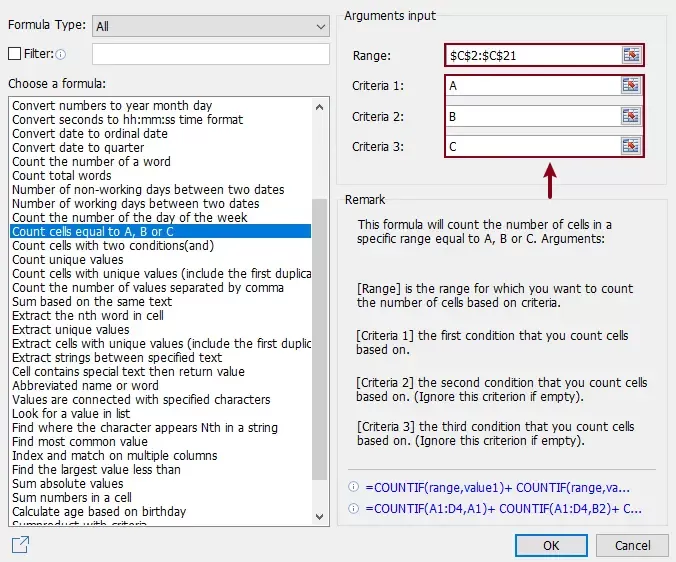 configure the count cells equal to a b or c feature