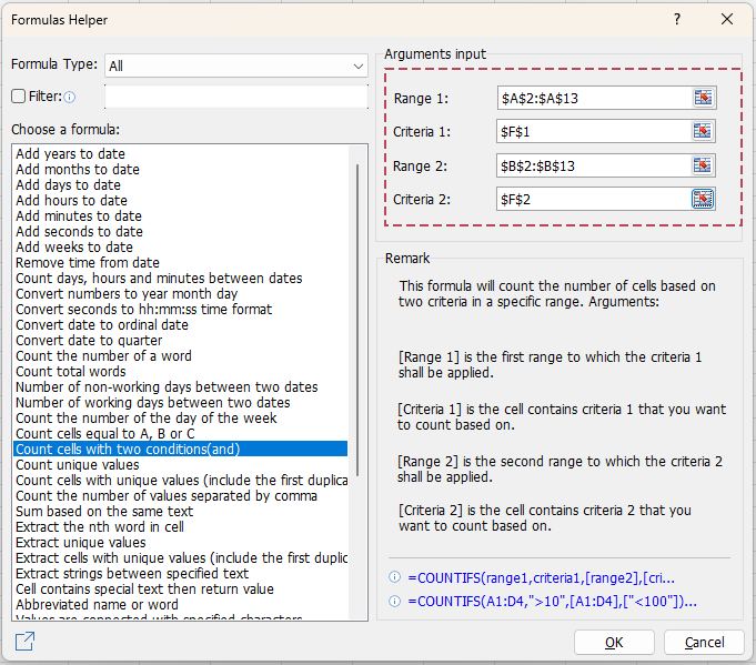 In the Formulas Helper dialog box