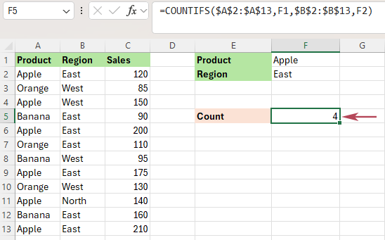 You get the count instantly based on the two selected conditions, without writing a formula yourself.
