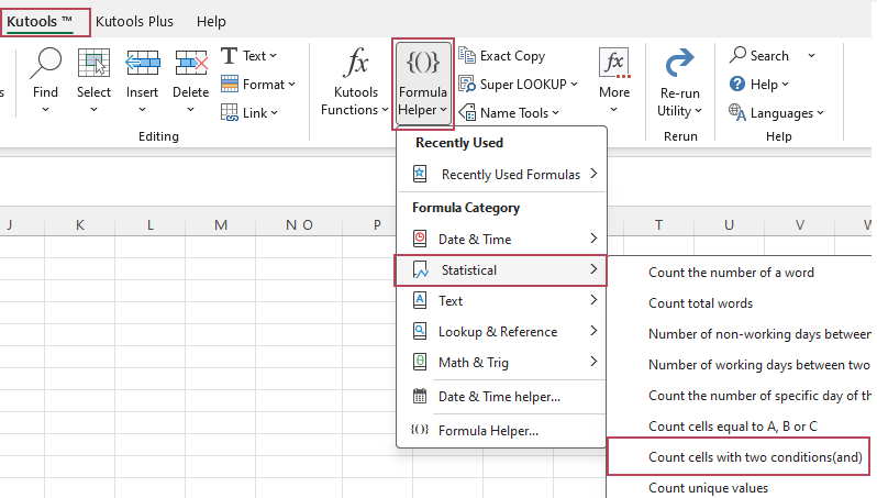 Click Kutools Count cells with two conditions (and)
