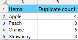 count duplicates in a column kutools result
