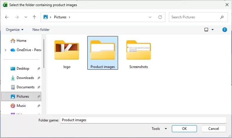 a screenshot of selecting the picture folder