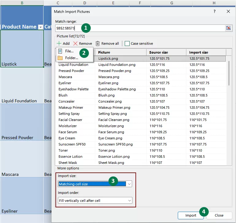 a screenshot showing how to configure the match import picture dialog box