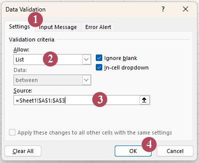 the Data Validation dialog box