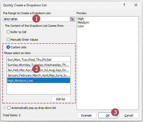 the Quickly Create a Dropdown List dialog box